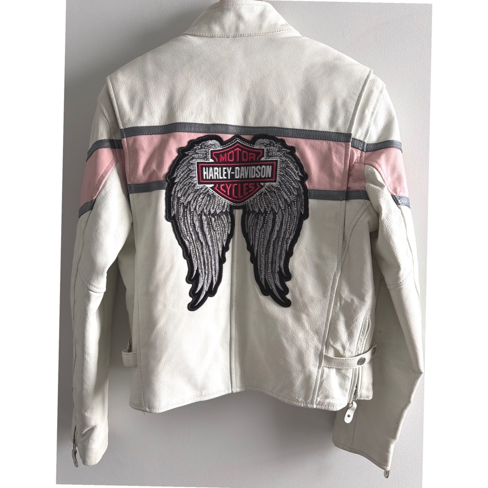 Hot Leather White Pink Leather Moto Jacket Rare Harley Davidson Patch  Women's L